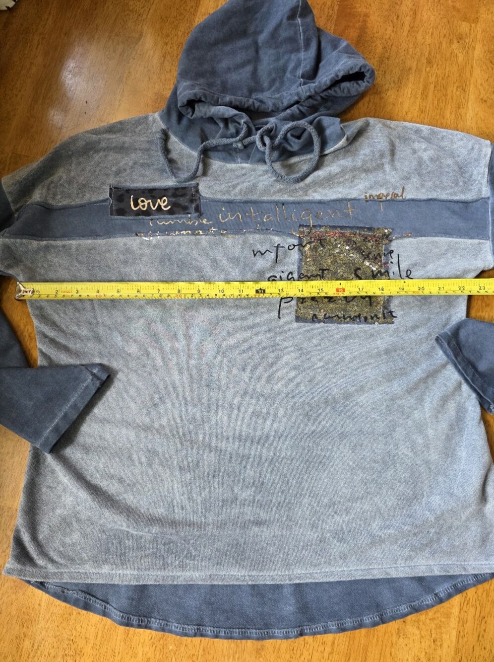 Made In Italy Sequin Pullover Suede Like Fabric Lightweight Hoodie in Dusty Blue - Picture 10 of 12